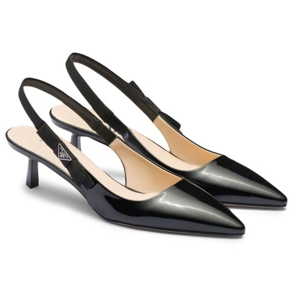 PRADA Triangle Logo Bow Pointed Toe Kitten Heel Slingback Pumps Sandals - Picture 2 of 16
